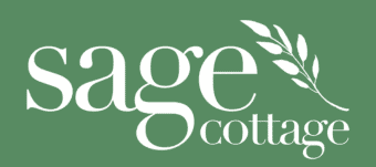 Logo for "sage cottage" featuring elegant typography and a leafy design element.