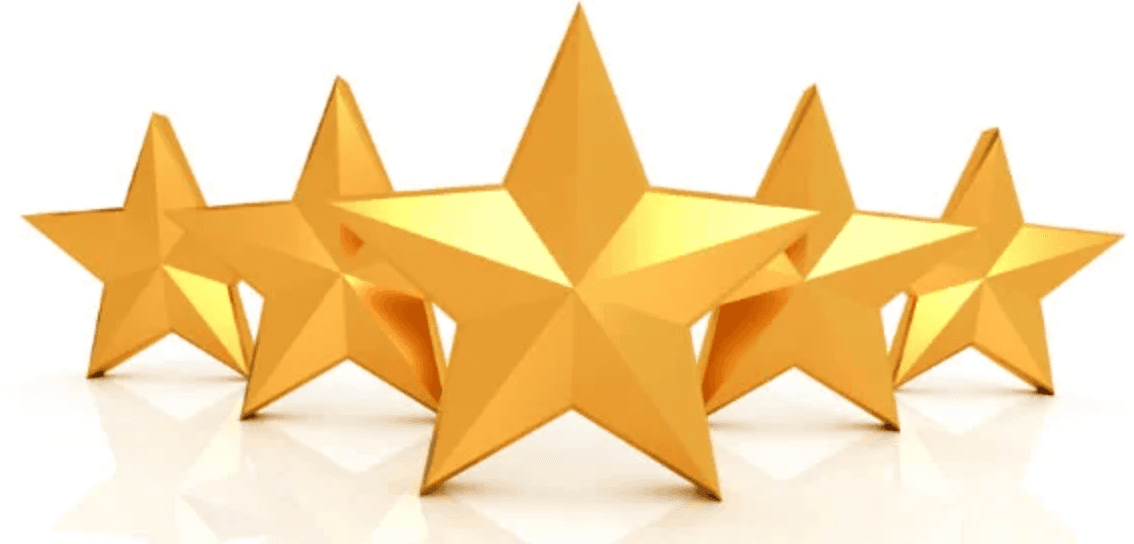 Five gold 3D stars arranged in a row.