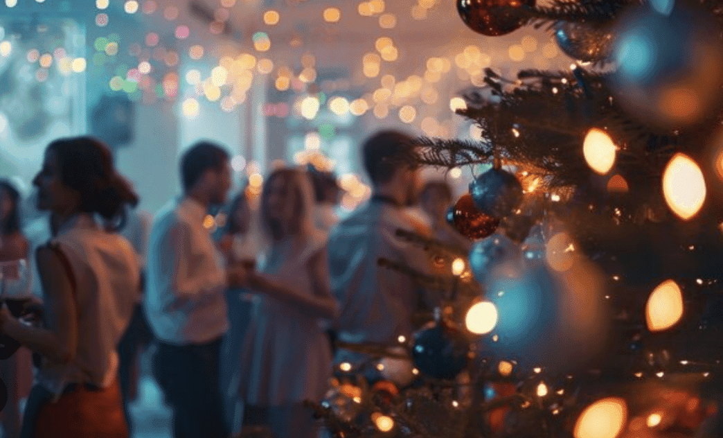 people gathered for a holiday part, with a Christmas tree visible in foreground